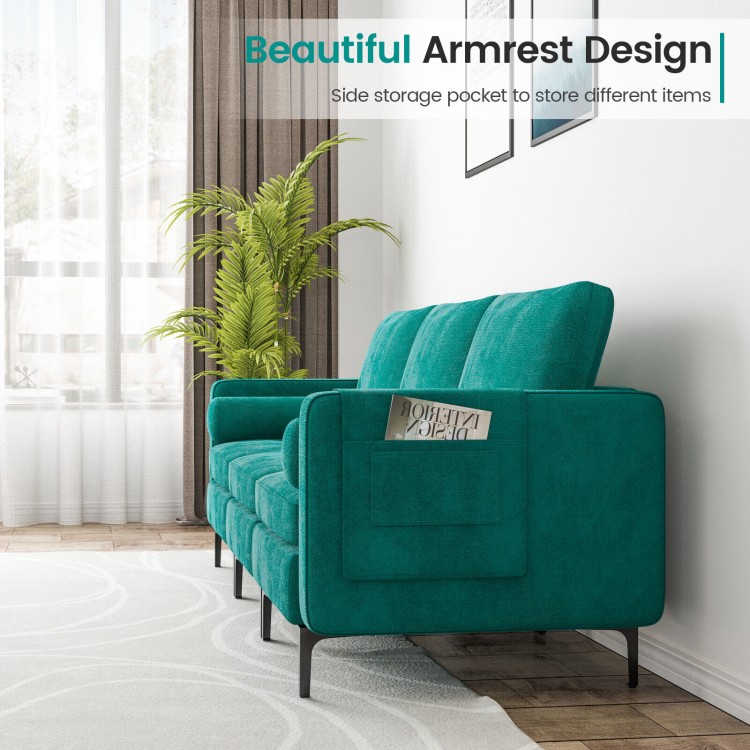 3-seat sectional sofa in peacock blue suede with side storage pocket and metal legs, perfect for living room comfort.