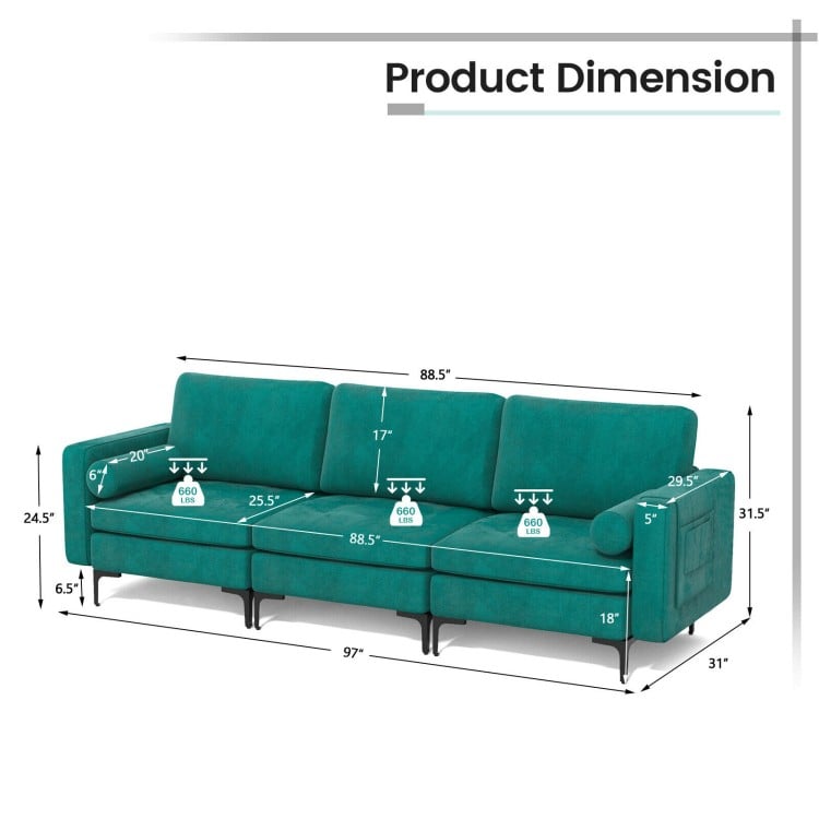 Dimensions of the peacock blue suede 3-seat sectional sofa with side storage pocket and metal legs for living room use.