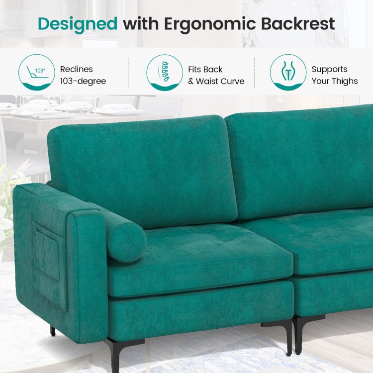 Peacock blue 3-seat sectional sofa with ergonomic backrest and side storage pocket, perfect for living room comfort.