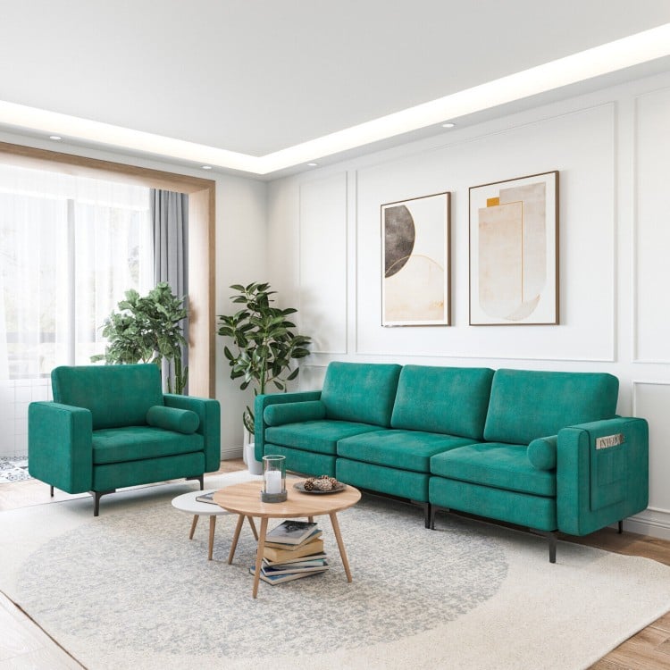 Peacock blue 3-seat sectional sofa with side storage pocket and metal legs, perfect for living room comfort.
