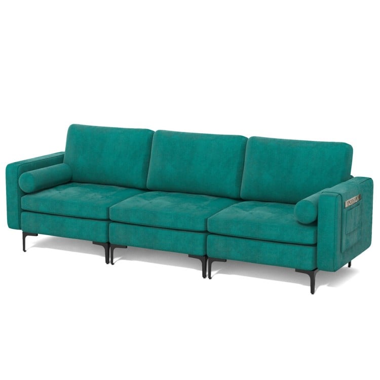 Peacock blue suede 3-seat sectional sofa featuring a side pocket and ergonomic design for enhanced living room comfort.