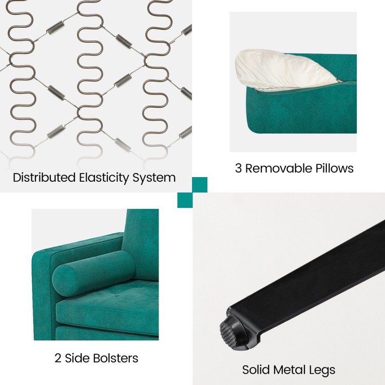 Close-up of the solid metal legs and side bolster of the peacock blue suede 3-seat modular sofa for added support.