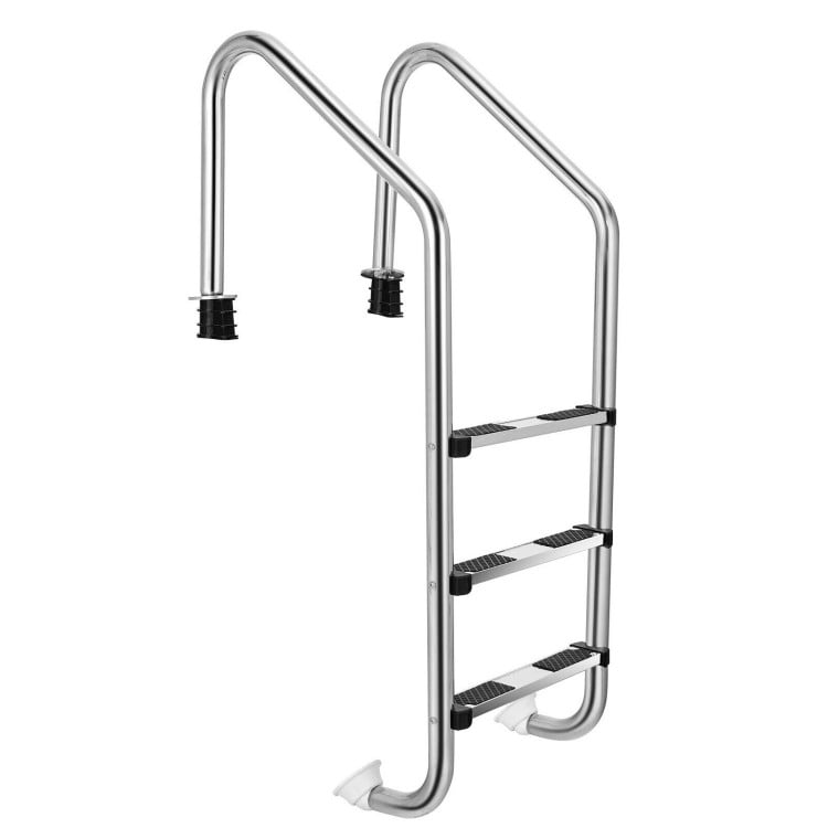 3-step stainless steel swimming pool ladder with anti-slip steps and curved handrails for safety and stability.