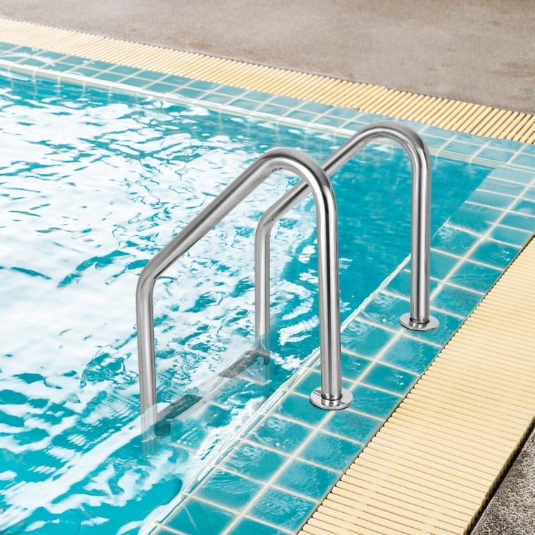 3-step stainless steel swimming pool ladder with anti-slip steps and curved handrails for safety and convenience.