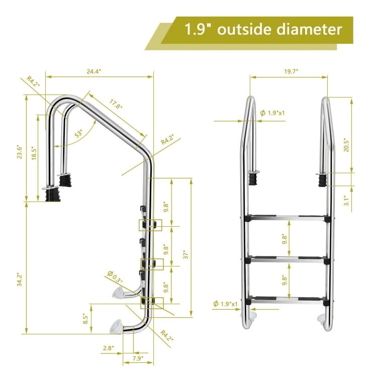 3-step stainless steel swimming pool ladder with anti-slip steps, curved handrails, and dimensions for easy.