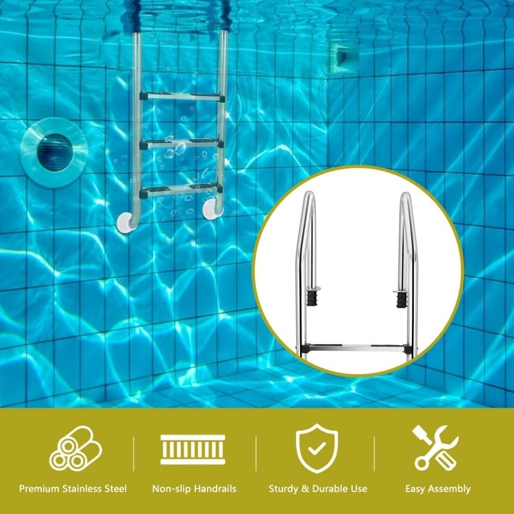 3-step stainless steel swimming pool ladder with anti-slip steps and curved handrails for safe and easy pool access.
