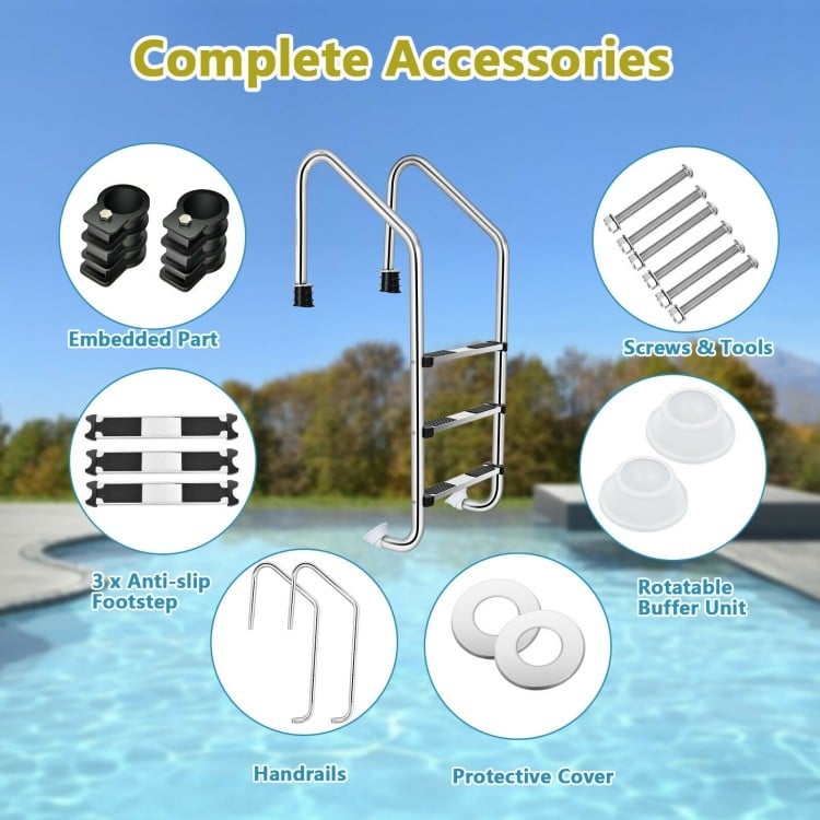 3-step stainless steel swimming pool ladder with anti-slip steps and handrails for safe and easy pool access.