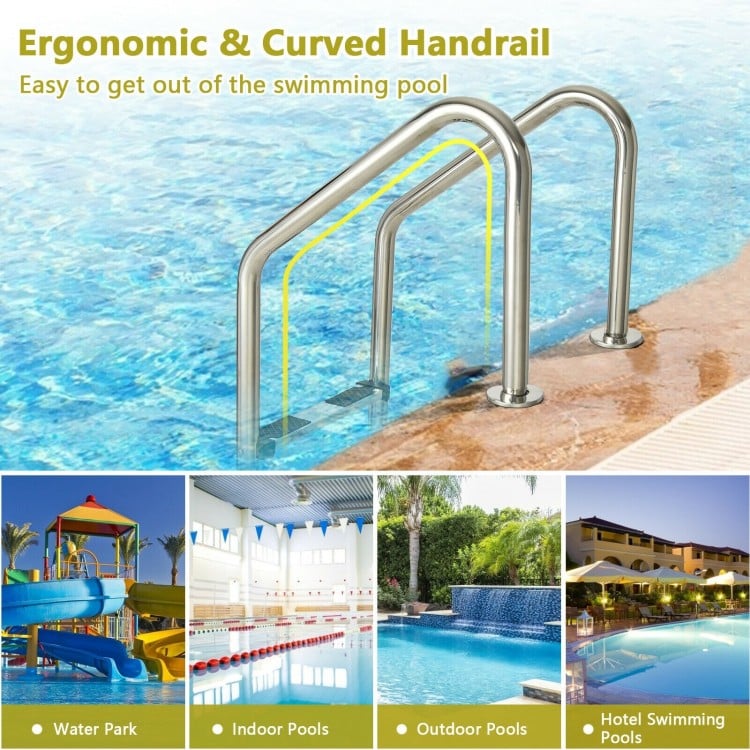 3-step stainless steel swimming pool ladder with curved handrails and anti-slip steps for safe pool access.