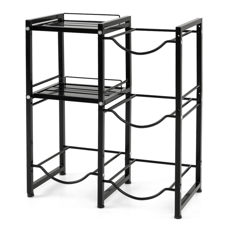 3-tier black water jug holder with shelves, featuring carbon steel construction and slots for four 5-gallon bottles.