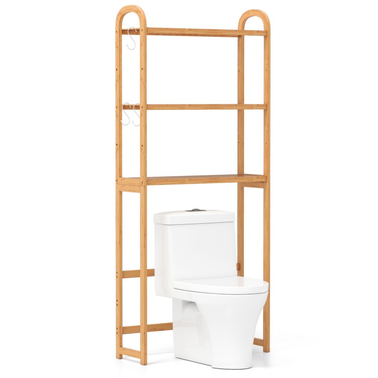 3-tier bamboo bathroom organizer with adjustable shelves, hooks, and slatted design for efficient storage and air flow.