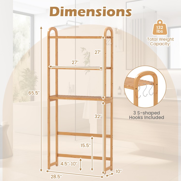 3-Tier bamboo bathroom floor organizer with adjustable shelves, 3 hooks, and a total weight capacity of 132 lbs.