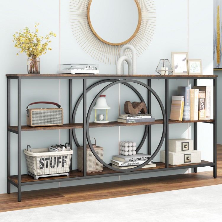 3-tier console table in rustic brown with faux marble top and metal frame, ideal for hallway or living room storage.