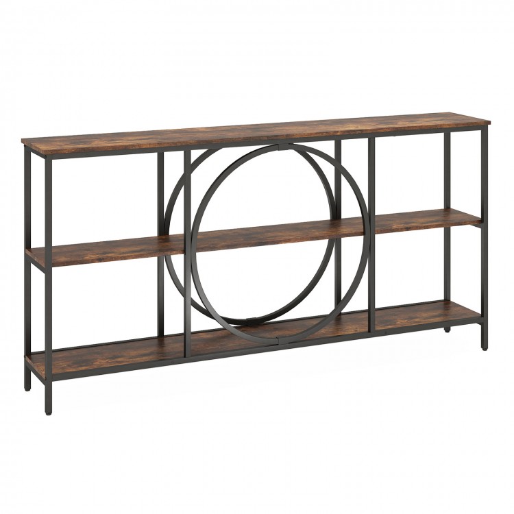 3-tier console table with faux marble top and rustic brown finish, featuring a heavy-duty metal frame for stability.