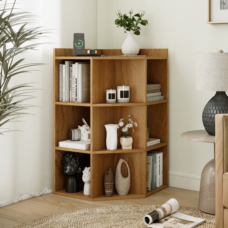 3-tier corner cabinet in natural wood with charging station, featuring 9 cubes for storage and space-saving design for.