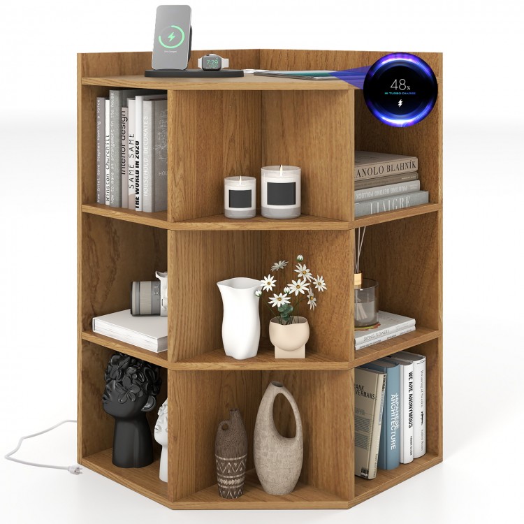 3-tier corner cabinet in natural wood with charging station, featuring 9 storage cubes for books and decor in a compact.