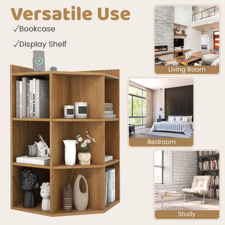 3-tier corner cabinet in natural wood with charging station, featuring 9 cubes for versatile storage in small spaces.