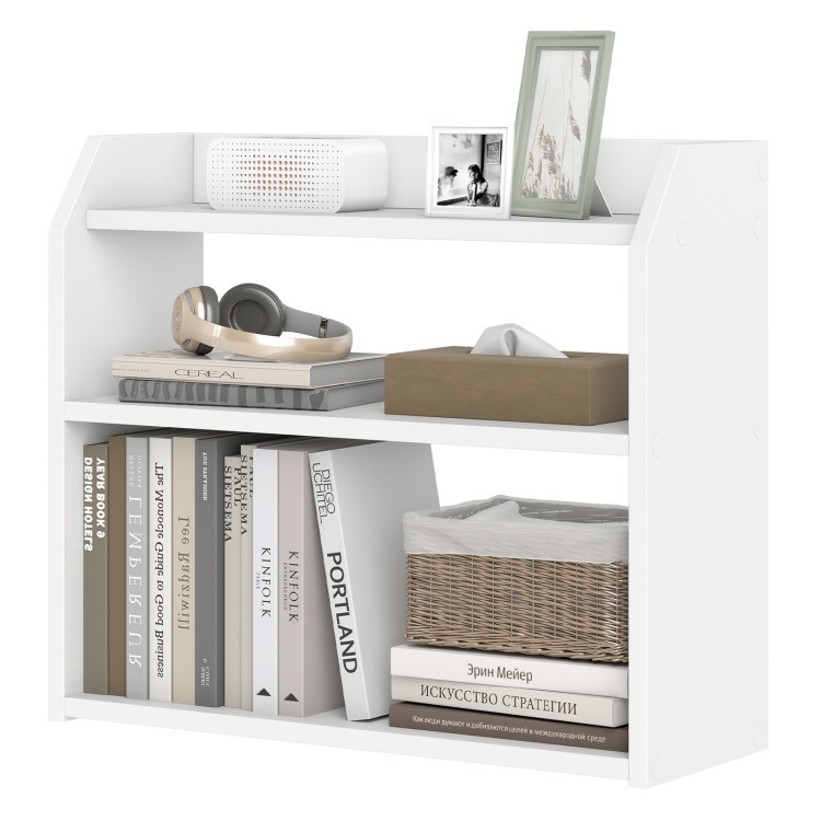 3-tier white wooden desktop bookshelf with raised guardrails, ideal for organizing books and decor in small spaces.