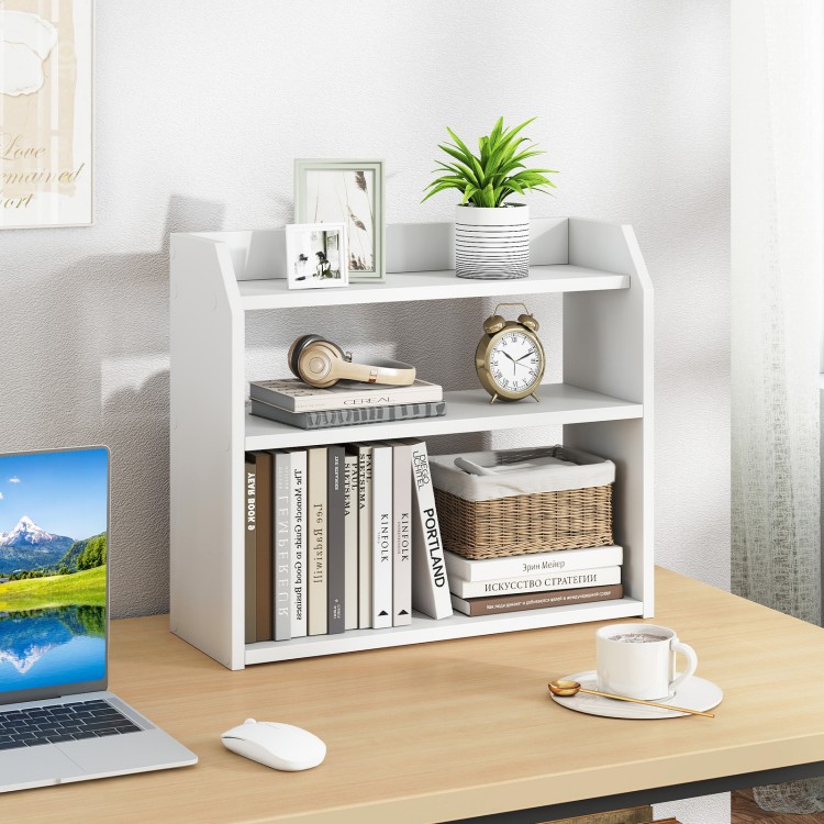 3-tier white wooden desktop bookshelf showcasing open shelves and raised guardrails, perfect for efficient organization.