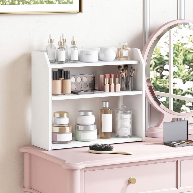 3-tier white wooden desktop bookshelf with raised guardrails, ideal for organizing books and cosmetics on a countertop.