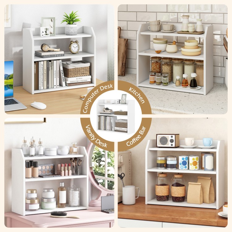 3-tier white wooden desktop bookshelf with raised guardrails, ideal for organizing books and items in kitchens or.