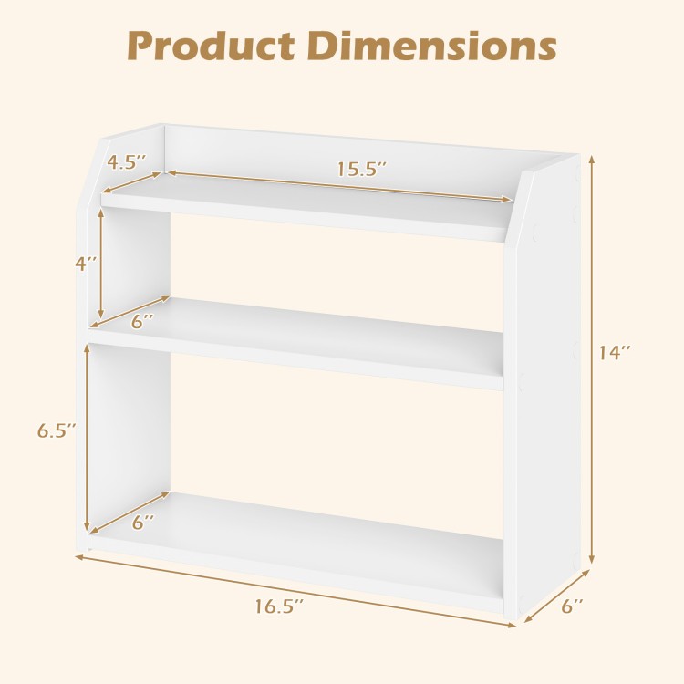 3-tier white wooden desktop bookshelf dimensions with raised guardrails for secure storage in small spaces.