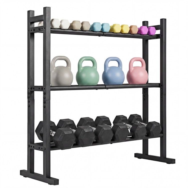 3-tier adjustable dumbbell rack in black, holding colorful kettlebells and dumbbells, ideal for home gyms and compact.