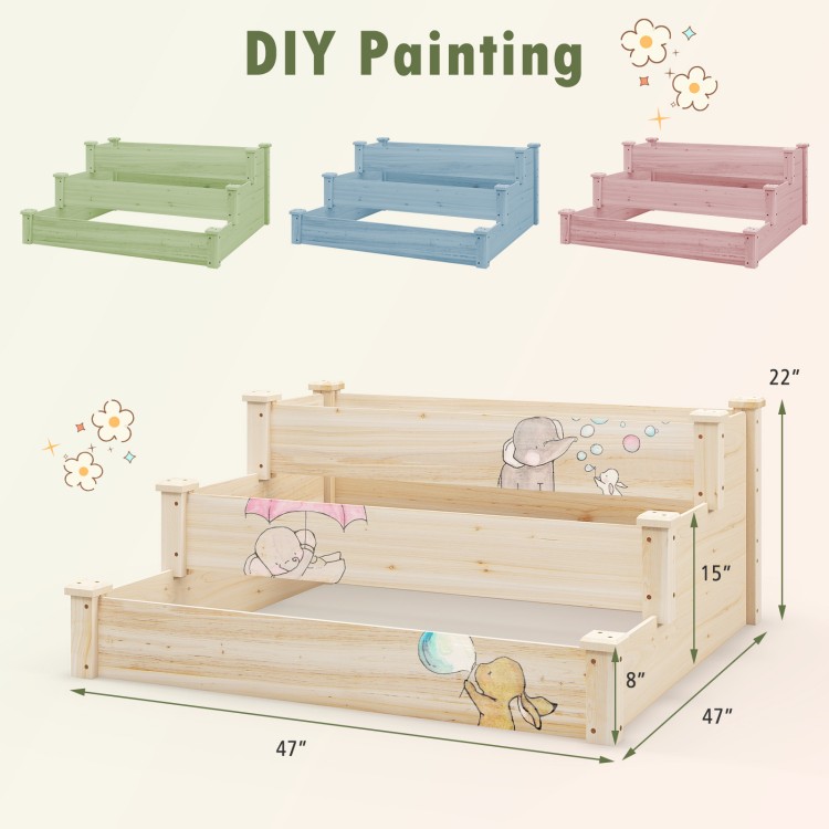 Three-tier elevated wooden vegetable garden bed made of fir wood, featuring a smooth surface for DIY painting and easy.