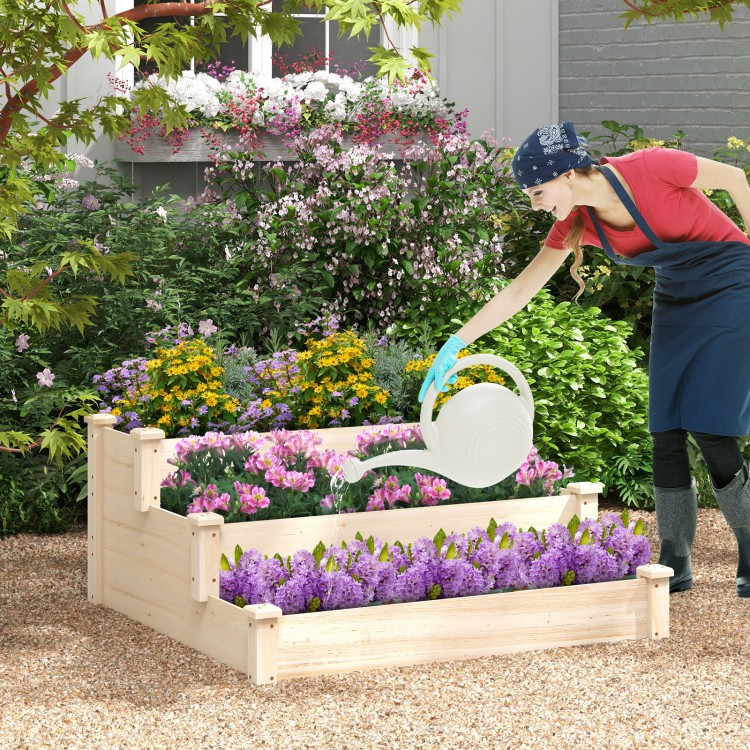 Three-tier elevated wooden vegetable garden bed made of sturdy fir wood, ideal for cultivating flowers and vegetables.