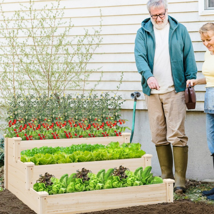 Three-tier elevated wooden vegetable garden bed made of sturdy fir wood, ideal for growing various plants and herbs.