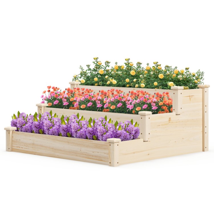 Three-tier elevated wooden garden bed made of sturdy fir wood, featuring vibrant flowers for versatile planting options.
