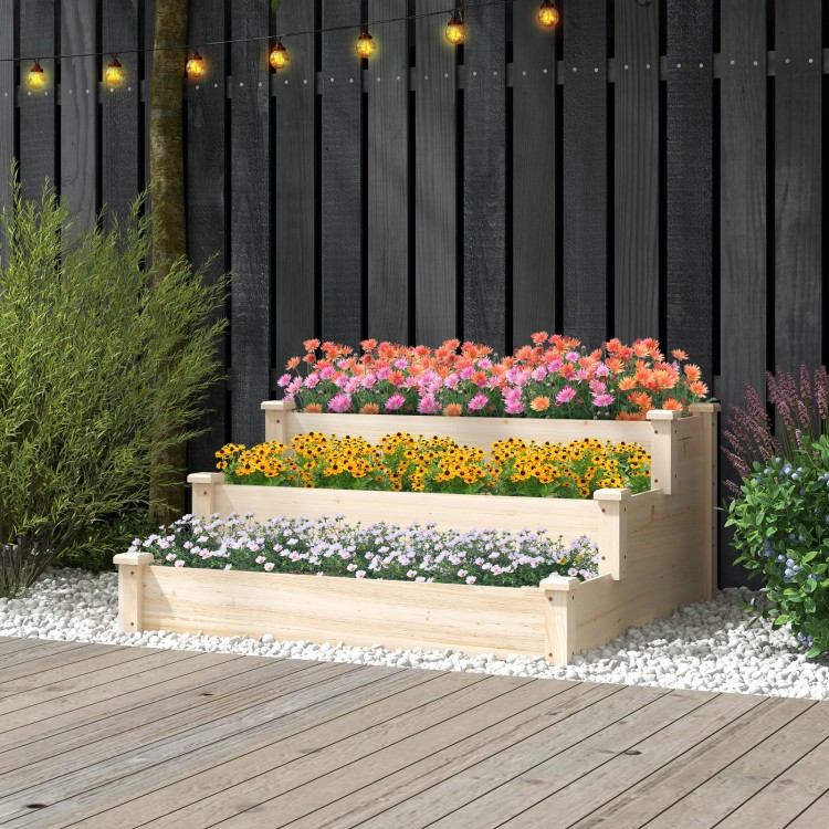 Three-tier elevated wooden vegetable garden bed made of sturdy fir wood, ideal for cultivating flowers and herbs.