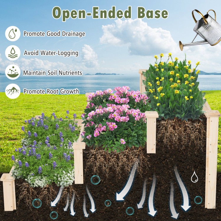 Three-tier elevated wooden vegetable garden bed made of durable fir wood, featuring an open-ended base for optimal.