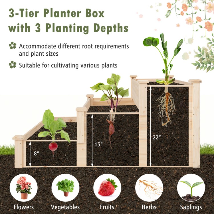 3-tier elevated wooden vegetable garden bed with varying depths, made of durable fir wood for flowers, vegetables, and.