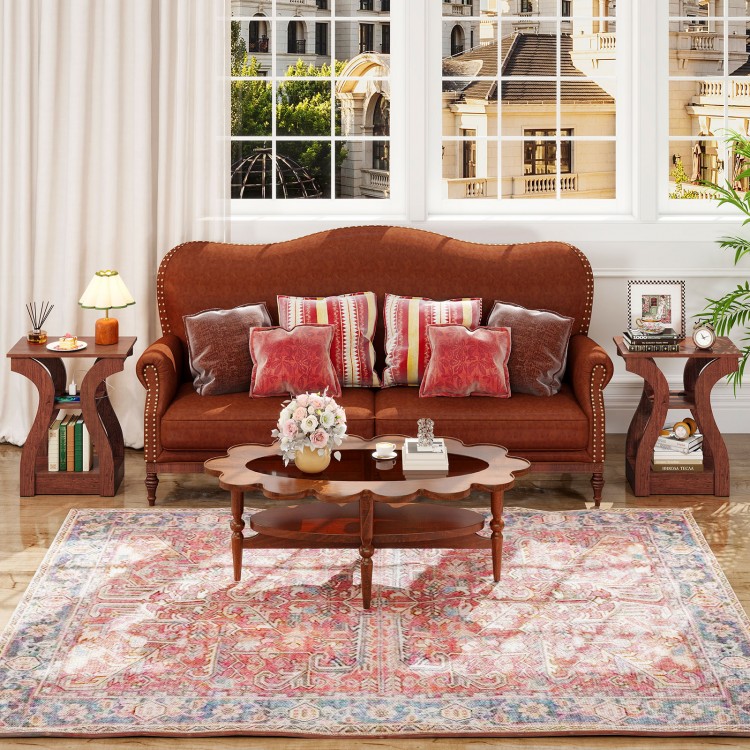 Set of 2 cherry 3-tier end tables with charging station and open storage shelves, ideal for living room decor.