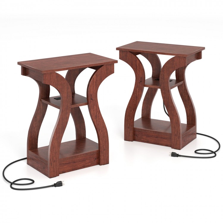 Set of 2 cherry wood 3-tier end tables with charging station and open storage shelves for versatile home use.