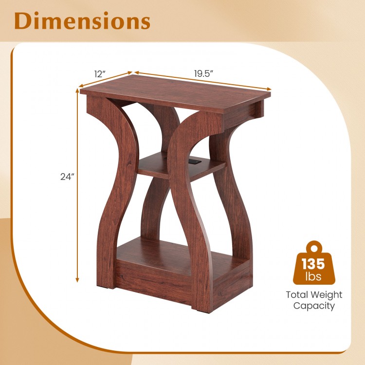 3-tier end table with charging station in cherry finish, featuring unique curved design and open storage shelves.