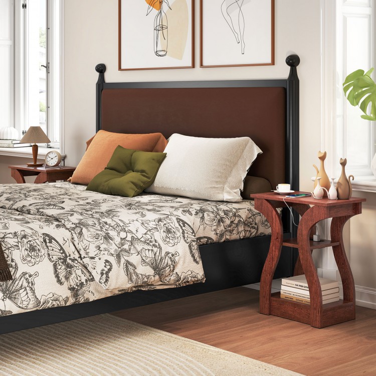 3-tier cherry end table with charging station, featuring open storage shelves and a unique curved design for versatile.