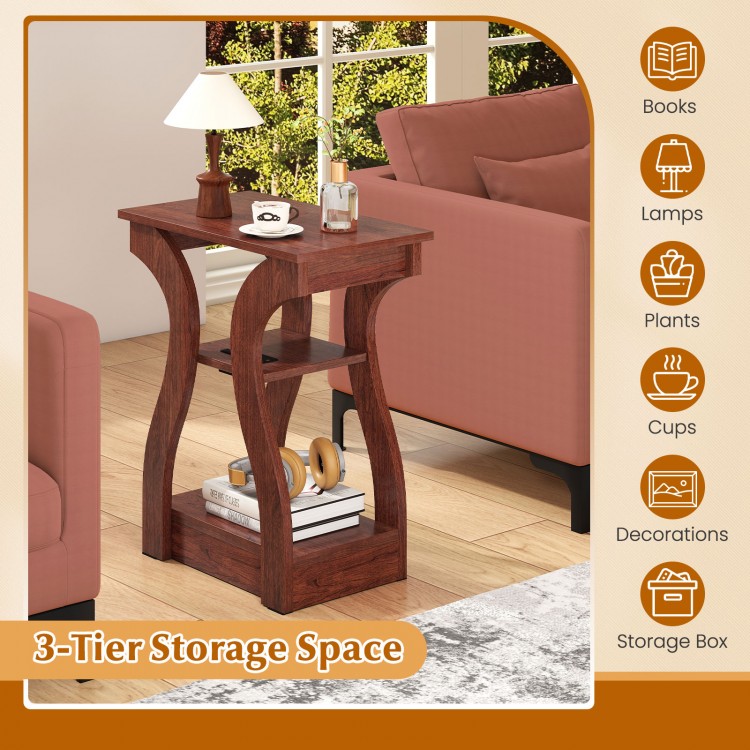 3-tier end table in cherry with open storage shelves, featuring a charging station, ideal for living room or bedroom.