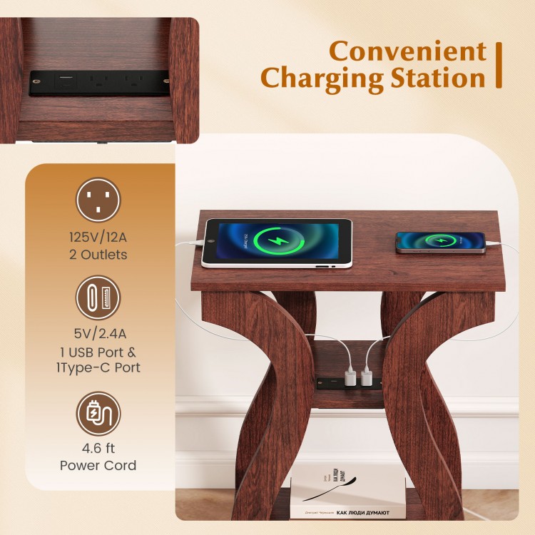 3-tier end table in cherry with a convenient charging station, featuring open storage shelves for versatile use.