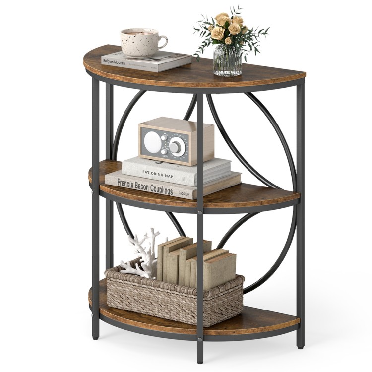 3-tier half round end table in rustic brown with metal frame, perfect for living room storage and decor.