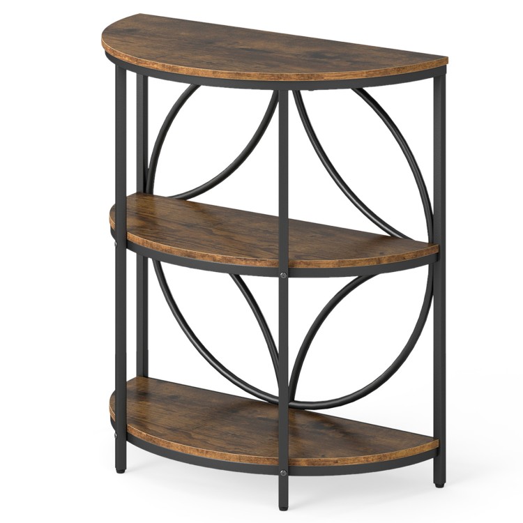 3-tier half round end table in rustic brown with a sturdy metal frame, perfect for living room storage and decor.