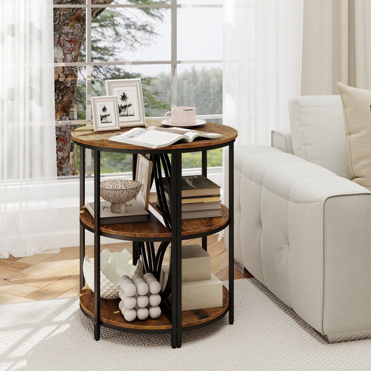 3-tier half round end table in rustic brown featuring a smooth wood-like surface, ideal for lamps and decor in any room.
