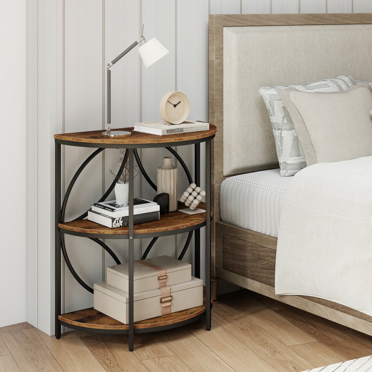 3-tier half round end table in rustic brown with metal frame, perfect for living room or bedroom storage and decor.
