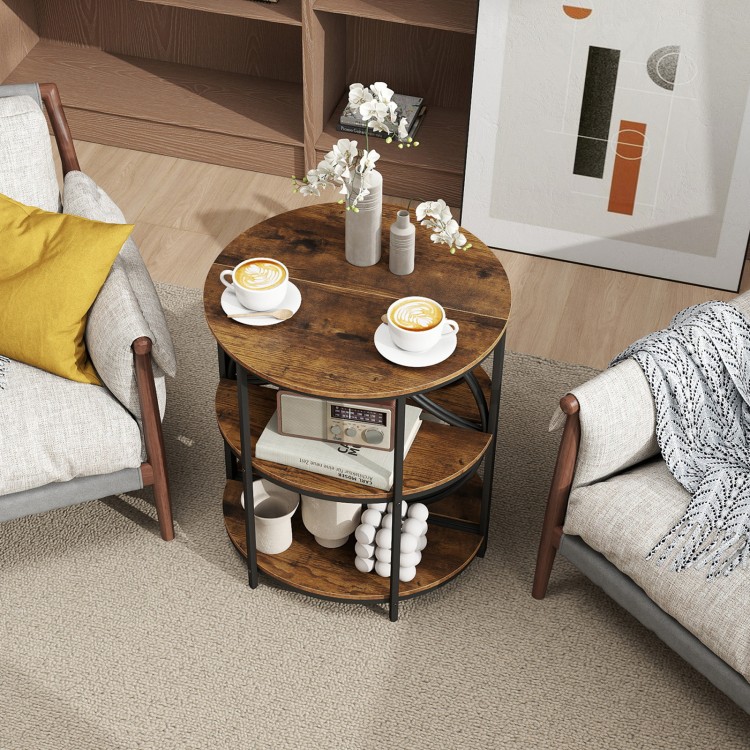 Half round end table in rustic brown with three tiers and a metal frame, ideal for coffee cups and decorative items.