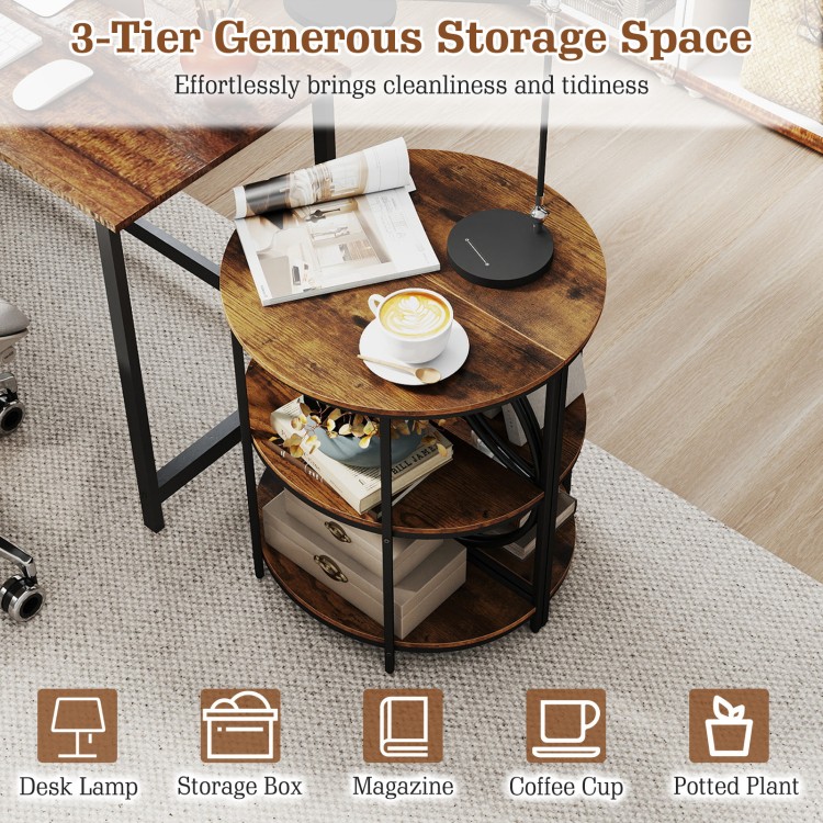 3-tier half round end table in rustic brown with adjustable foot pads, perfect for leveling on uneven floors.