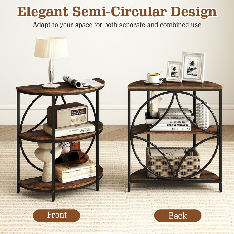 3-tier half round end table in rustic brown, featuring stylish geometric patterns and smooth rounded edges for safety.