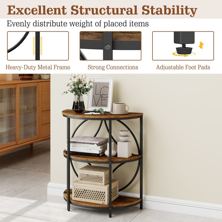 3-tier half round end table in rustic brown with a heavy-duty metal frame, perfect for living room storage and decor.