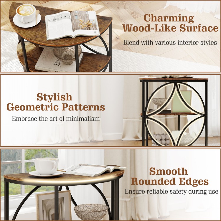 3-tier half round end table in rustic brown with a wood-like surface and stylish geometric patterns for versatile.