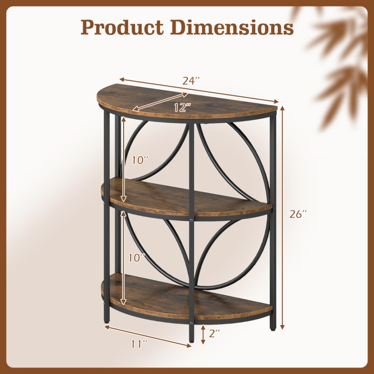 3-tier half round end table in rustic brown with metal frame, showcasing dimensions for versatile living room use.