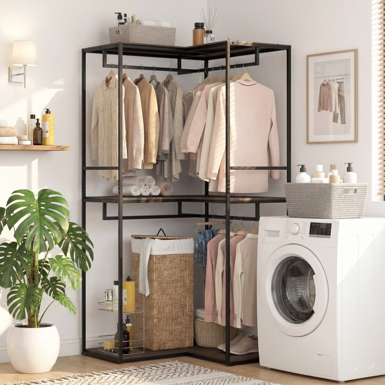 3-tier heavy duty clothes rack in black with shelves and hanging rods, ideal for laundry rooms and modern decor.